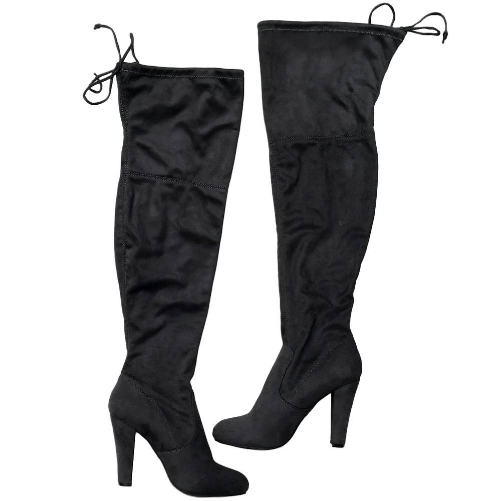 NWOT Zigischo Sexy Thigh High Heeled Boots Suede Gray w/Ties 9.5